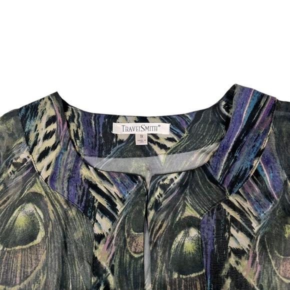 TRAVELSMITH Semi Sheer Open Front Peacock Feather Print Cardigan Women's Size 1X - Picture 9 of 16